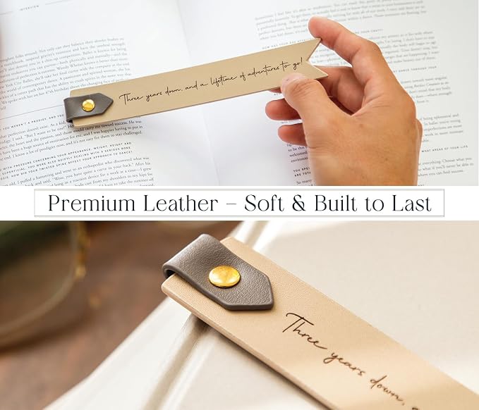 Engraved Leather Bookmark in Cream - 3 Years Down, Genuine Leather 3rd Year Wedding Anniversary Traditional Gift for Him & Her, Husband Wife