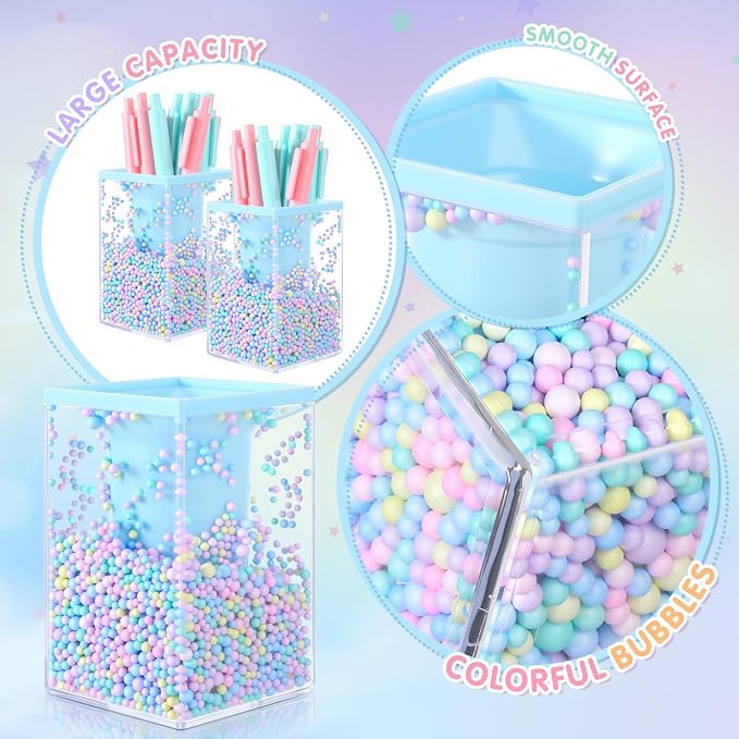 Zonon 2 Pieces Bubble Pen Holder for Desk Cute Makeup Brush Organizer & Pencil Holder with a Playful Sphere Design, Kawaii Desktop Accessories for Women, Office & School(Blue)