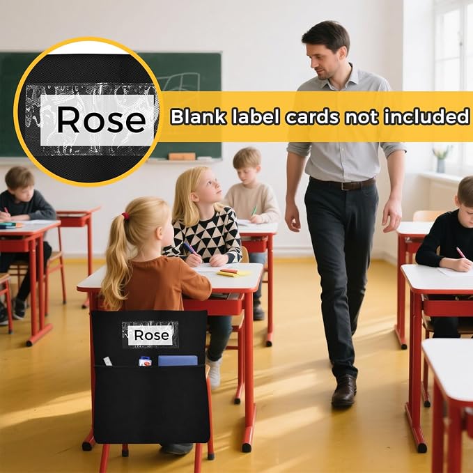 12 PCS Chair Pockets for Classrooms,19.5"x16.5" Seat Sacks for Classroom Chairs K-2, Classroom Student Chair Pockets for Kindergarten, Classroom,School, and Home Seating Storage，Black.