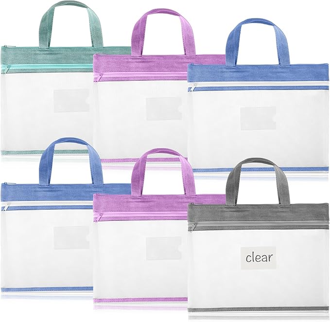 Zhehao 6 Pcs Student Book Pouches with Handle Document Bag Sew Project Bag for Quilting Mesh Zipper Pouch File Artwork Storage Organize for A4 Files, 14 x 11 Inch