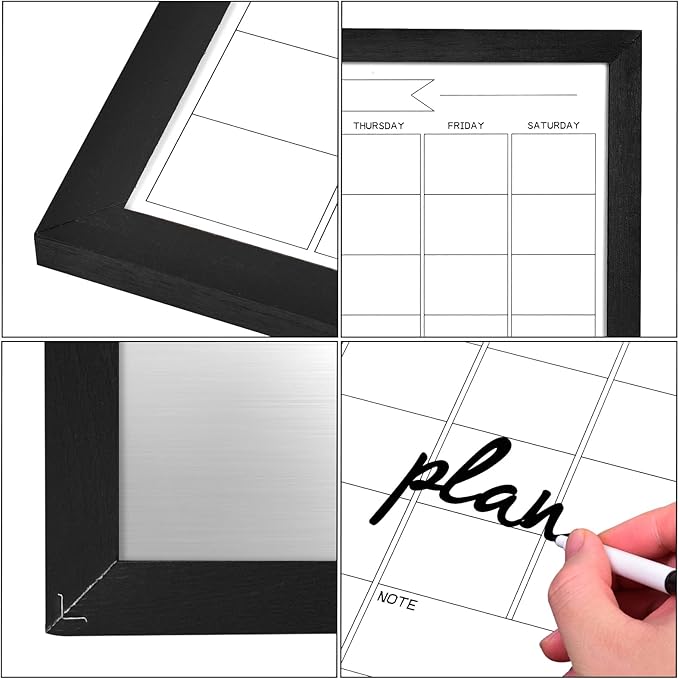 Dry Erase Monthly Calendar Whiteboard, Magnetic White Board for Wall, Hanging Board for Office, Home School, Solid Pine Wood Black Framed Message Board, 10.6"x 14.6"(YL-BK-2737-B)