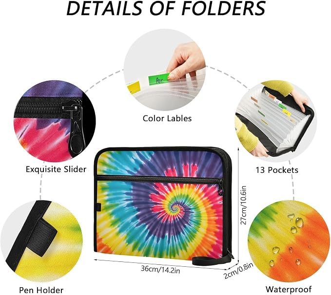 Expanding File Folder Tie Dye Rainbow Swirl Accordion File Organizer 13 Pockets Document Organizer with Zipper Labels A4 Letter Office Storage