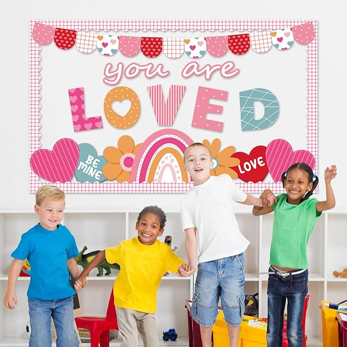Valentine's Day Bulletin Board Set Valentines Classroom Decoration You are Loved Bulletin Board Borders Valentine's Day Rainbow Loved Heart Cutouts for Holiday School Office Chalkboard Wall Door Decor