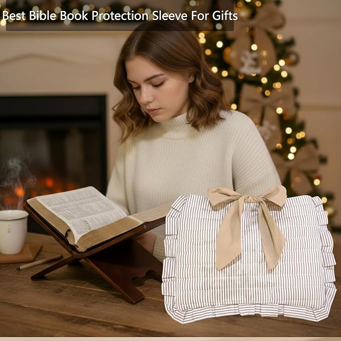 Honoson Quilted Bow Bible Sleeve Book Cover Case Padded Protector Washable Bible Bag Pouch Christian Gift for Women Girls Book Lover Gifts (Khaki Striped)
