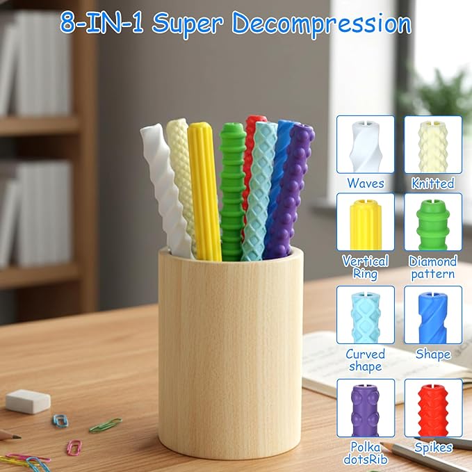 8 Pack Textured Pen Grips, Sensory Fidget Sleeves Quiet Fidget Toys for Adults, Anxiety Relief Item Textured Silicone ADHD Autism Calming Tool for Handwriting