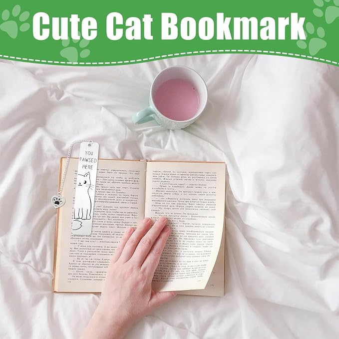Cat Pendant Bookmark, Cute Cat Gifts Funny Silver Animal Metal Book Marks for Reading Women You Pawsed Here Kitten Bookmark Kitty Lovers Gift for Women Men Readers