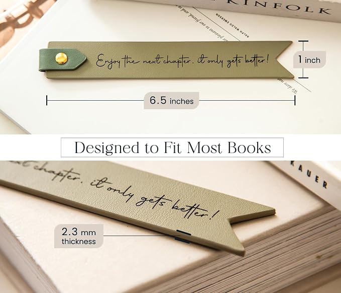 Engraved Leather Bookmark in Matcha - Enjoy the Next Chapter It Only Gets Better, Inspirational Gift for Graduation New College Student New Job Business Retirement