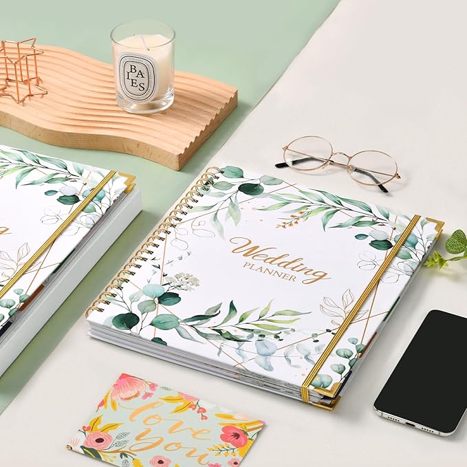 Wedding Planner & Organizer - Wedding Planner Book and Organizer for the Bride, 9.5" x 11.9" Diary Engagement Gift Book, Hardcover + Metal Corner + 5 Inner Pockets + Sticker + Elastic Closure - Floral