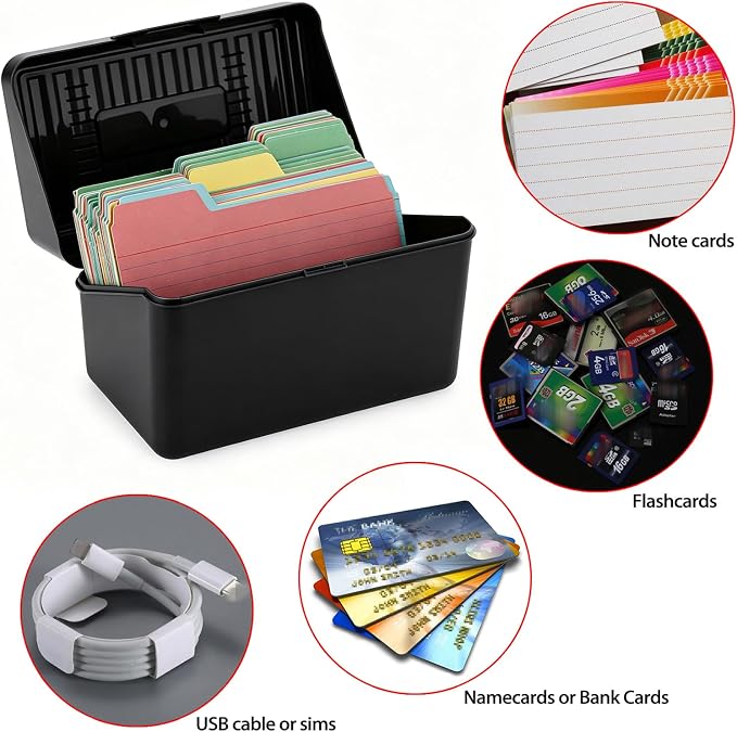 BTSKY 1 Pack 4 x 6 inch Index Card Box-Index Card Holder Notecard Box Recipe Card Box Plastic Storage Organizer for Filling Index Cards,Note cards, Flashcards, Recipes and etc,Black