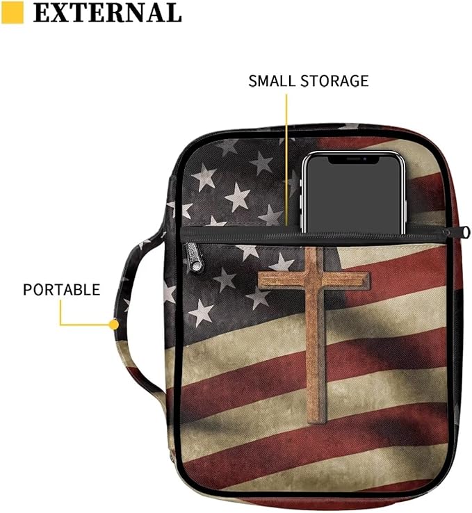 Suobstales Cross American Flag Print Bible Cover Bible Case for Women Men Lightweight Carrying Book Cover Church Bag Bible Protective Bag with Handle and Zippered Pocket