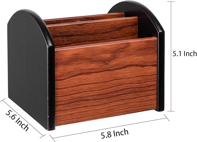 Revolving Wooden Desk Organizer 4 Compartment Remote Control Holder Brown Black Spinning Office Supplies Caddy Tabletop Storage Desktop Rotating Stationery Accessory Sorter Home
