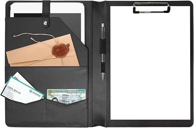Padfolio Portfolio Binder, Leather Clipboard Folder Briefcase Loose-Leaf Binder with Cover Brown Folder with Pockets Resume Folder for Business School Office Meeting Men Women's Business (A4, Black)