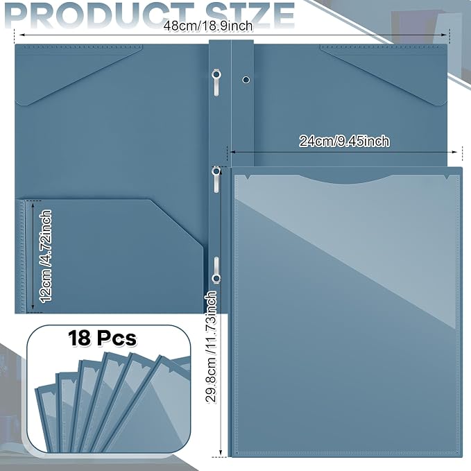 Henoyso 18 Pcs Plastic Folder with Clear Front Pocket and 3 Prong Plastic Folders with Card Slot Pocket Folders with Prongs for School Office (Navy Blue)