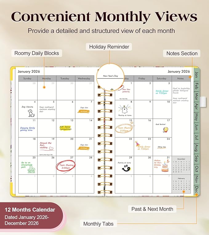 2026 Planner, Hardcover Weekly and Monthly Planner for Women, January 2026 - December 2026, Spiral Yearly Agenda Organizer Book 2026 with Tabs, Daily Calendar Planners for School Work Home, A5 (5.75" x 8.38"), Wildflower Garden