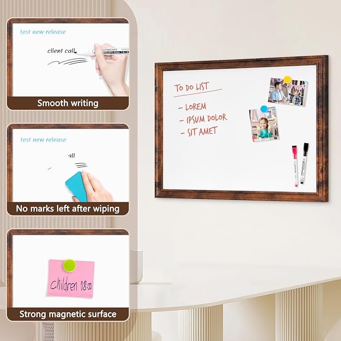 DOLLAR BOSS Magnetic Whiteboard for Wall 36" x 24" Vintage Wood Framed White Board Decorative Dry Erase Board for Home Office Shop Decor Display with 4 Markers, 8 Magnets, 1 Eraser, Rustic Brown