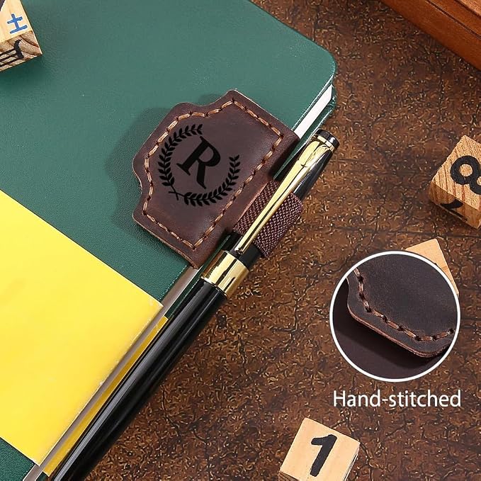 Custom Bookmark with Pen Holder with 26 Letters Personalized Magnetic Leather Book Mark, Customized Name Book Marker Clip with Initial for Men Women, Gifts for Book Lovers, Readers (Red, Cross-1)