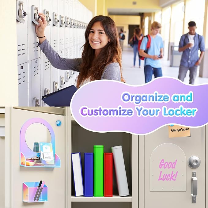 MoKo Locker Accessories Set, Back to School Supplies College Essentials Includes Magnetic Acrylic Board, Locker Mirror, Markers Holder, Marker Pens and Locker Magnets, Colorful
