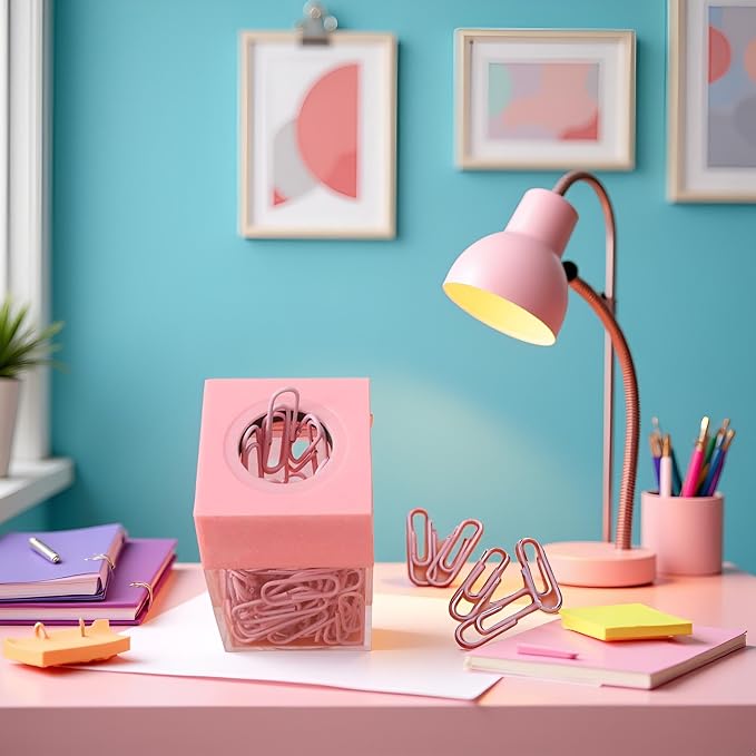 Pink Paper Cilp Dispenser Holder Clear Acrylic Paper Clip Organizers with Top Clip Holders for Desk Cute Office Binder, Office and School Supplies