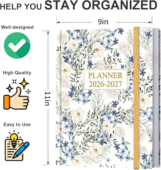 Planner 2026-2027 - 8.5'' × 11'' Weekly & Monthly Planner from July 2026 to June 2027, Large Planners 2026-2027 with Perfect Organizer, Hardcover, Inner Pocket, Crushed Flower