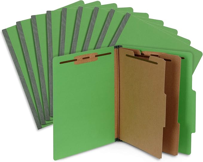 10 Green Classification Folders, 2 Divider, 2 Inch Expansions, Durable 2 Prongs Designed to Organize Standard Medical Files, Law Client Files, Office Reports, Letter Size, Green, 10 Pack