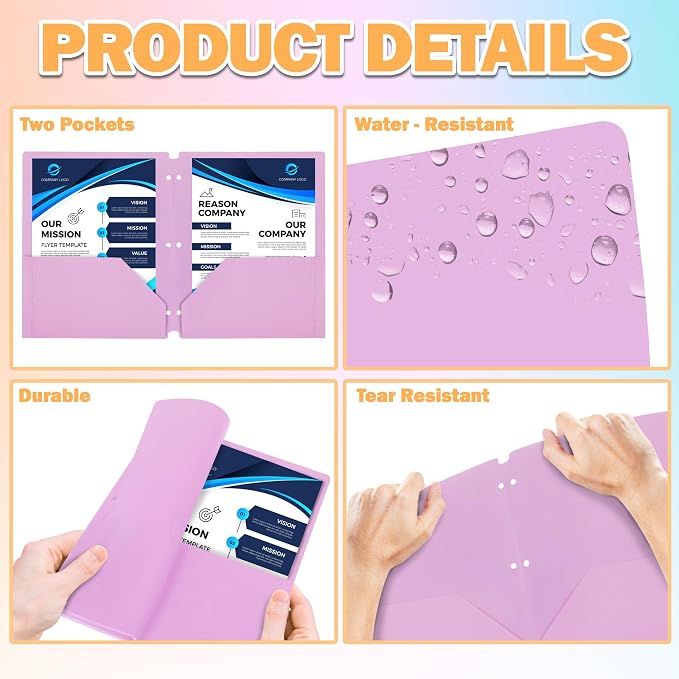 2 Pocket Folders, Heavy Duty Pocket Folders, Durable Poly Two Pocket Folder for 3 Ring Binder - for Letter Sized Papers, Files, Documents - 11.75" x 9.5" Plastic Colored Folders - (4 Pack)