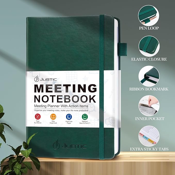 JUBTIC Meeting Notebook for Work with Action Items, Leather Project Planner Meeting Notes Notebook, Work Planner Agenda Organizer for Women Men Office/Business Supplies,160 Pages (5.8”x8.3") - Dark