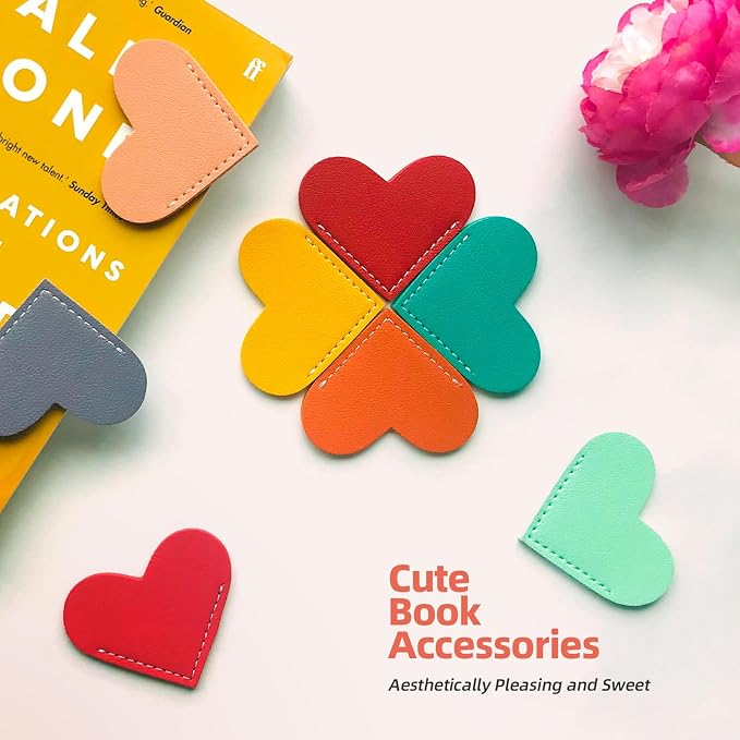 Leather Heart Bookmarks, Cute Handmade Page Corner Book Markers, Reading Gifts for Women, Lovers, Kids, Teachers, Friends, Readers, Book Accessories for School Office Home Supplies (8PC-Bright)