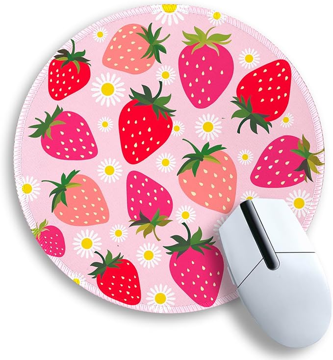 Gctriki Strawberry Mouse Pad, with Stitched Edge Non-Slip Rubber Base, Small Round Comfortable Computer Mousepad for Laptop Gaming Work, Pink Office Desk Accessories for Her