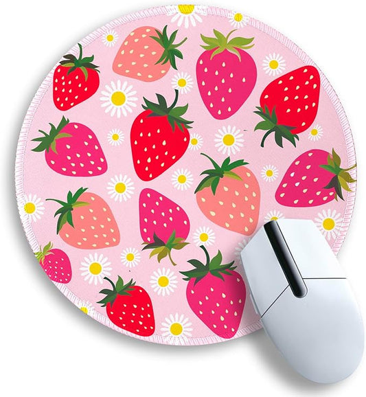 Gctriki Strawberry Mouse Pad, with Stitched Edge Non-Slip Rubber Base, Small Round Comfortable Computer Mousepad for Laptop Gaming Work, Pink Office Desk Accessories for Her