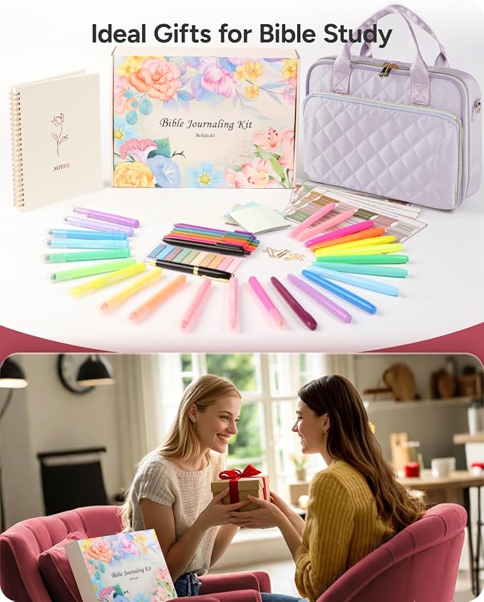 BellaHold All-in-One Bible Journaling Kit – Quilted Bible Cover Case for Women, 31 Highlighters, 75 Tabs, Bible Study Supplies & Christian Gift for Women and Teens (Shoulder Strap, Light Purple)