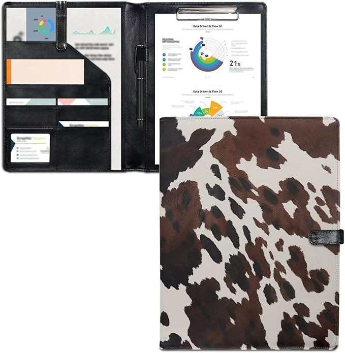 Cow Print Portfolio Folder, PU Leather Padfolio Business Document Organizers A4 Letter Size with Writing Pad for Interview Resume Conference Presentation