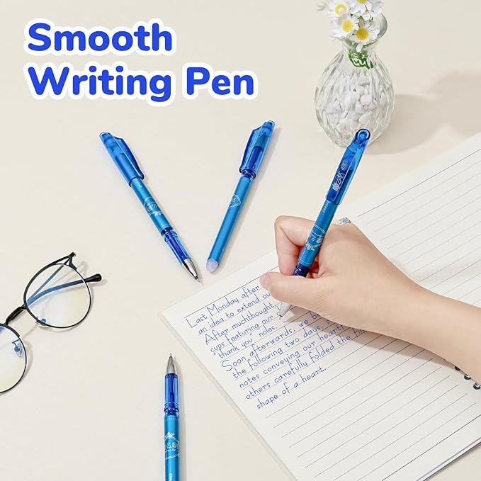 Temiary 12 Pcs Erasable Gel Pens, 0.5 mm Fine Point Heat Erasable Gel Ink Pen, Quick Dry for Writing, Journaling, and Crossword Puzzles, Smooth Writing for School Office Supplies (Blue)