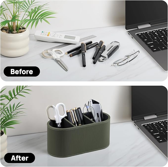 Aesthetic Remote Control Holder, PU Leather Remote Holder Desktop Organizers with 3 Compartments for Home Office Supplies and Accessories, Stylish Bedside Nightstand Organizer (Green)