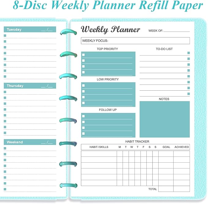 Junior Size Undated Weekly Planner Refills - 8-Disc 53 Sheets/106 Pages Weekly Planner for Half Letter Size, 100 gsm White Paper, Lasts 1 Year, Undated, 5.8" x 8.3", Teal