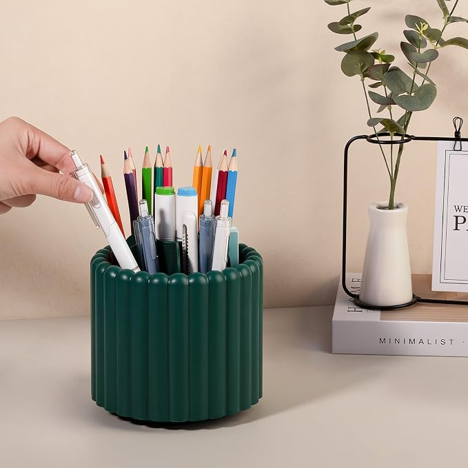 Anyoifax 360° Rotating Pen Holder 7 Slots Desk Organizer Removable Pencil Cup Plastic Art Supplies and Accessories Desktop Storage Box Caddy for Office, School, Home (Teal Green)