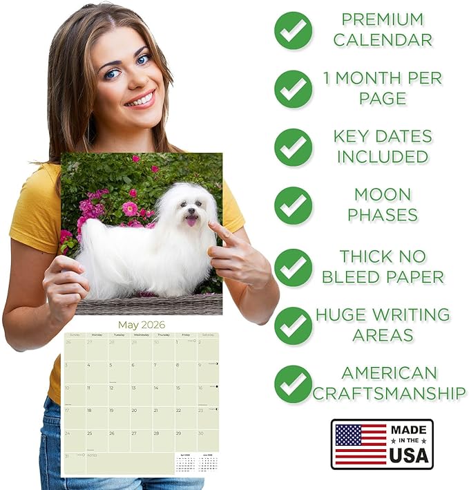 Maltese Calendar 2026 by MegaCalendars – Monthly Dog Breed Wall Calendar, Made in USA