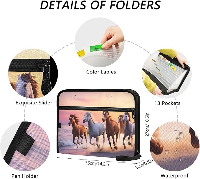 Expanding File Folder Beach Horse Accordion File Organizer 13 Pockets Document Organizer with Zipper Labels A4 Letter Office Storage