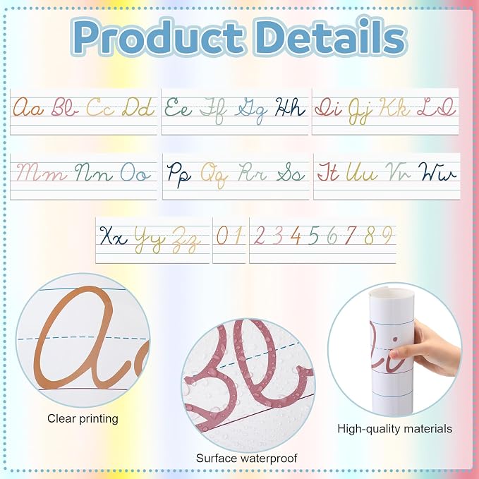 Set of 9 Cursive Writing Bulletin Board Cursive Alphabet Wall Strip for Teacher Supplies, Classroom Teaching Tool, Homeschooling, Kids Education(Colorful)