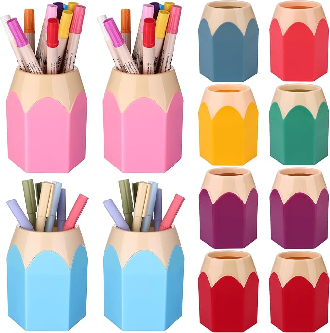 12 Pcs Pencil Shaped Pen Holders Pencil Storage Organizer Cute Plastic Pencil Holder for Desk Desktop Pen Cup Colorful Vase Pencil Pot Makeup Brush Container Cartoon Stationery Rack for Office