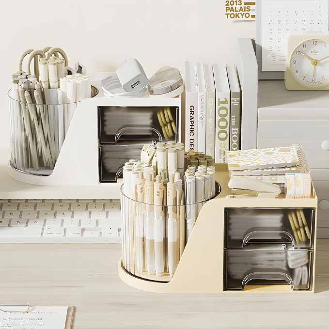 360 Degree Rotating Pencil Pen Holder for Desk , Cute Desk Pen Organizers Desktop Storage Stationery Supplies Cup Pot for Office School Home Art Supply Accessories Caddy Makeup Brush Holder White