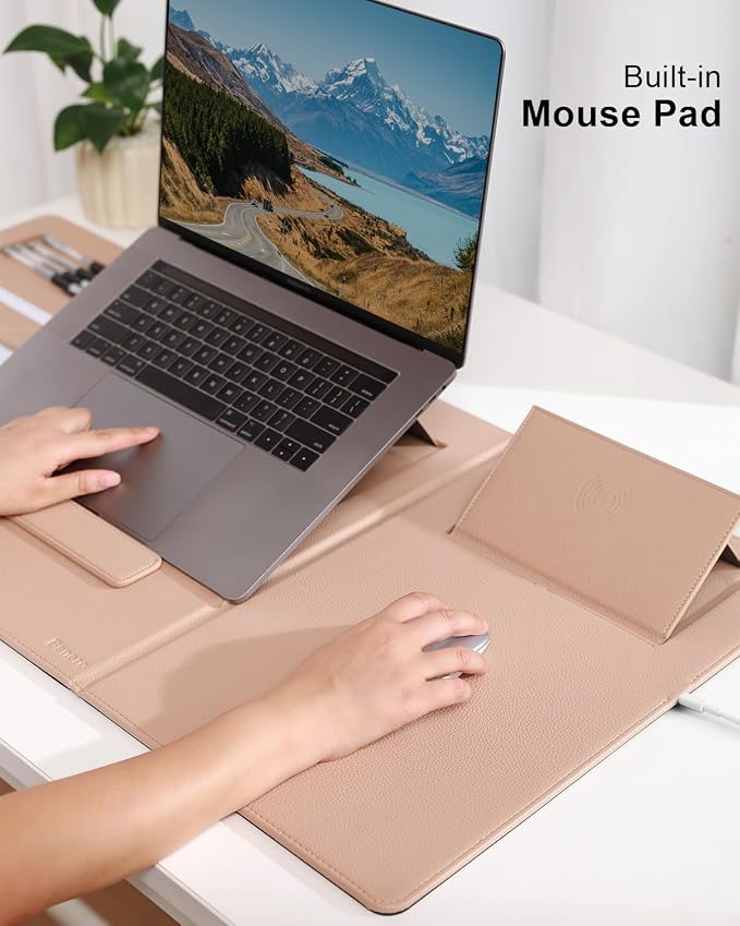 4-in-1 Laptop Stand for Desk Built-in Wireless Charging Pad, 15W, Qi-Certified, PU Leather Wireless Charging Mouse Pad, Laptop Holder on Top of Desks for Office