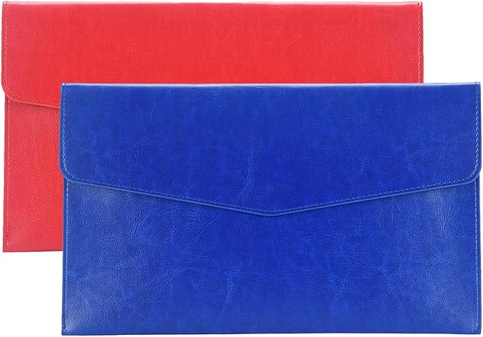 PU Leather A5 File Folder Document Holder A5 Envelope Folder with Snap Closure for Receipt 2Packs (Blue&Red)