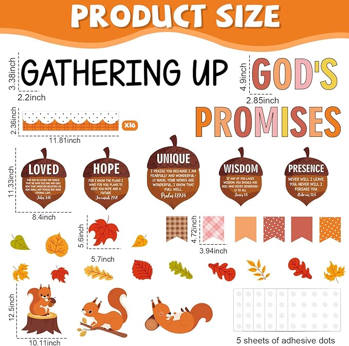 Fall Thanksgiving Religious Bulletin Board Set Autumn Squirrels Classroom Decorations Bible Verse Gathering Up God's Promises Paper Cutouts for Home Christian School Church Chalkboard Wall Door Decor