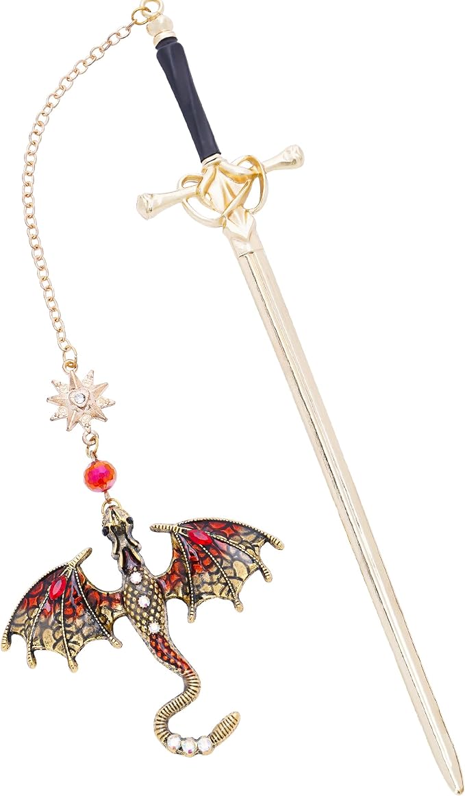 Sward Fourth Wing Bookmark - Fantasy Dragon Book Mark Vintage Tassel Metal Pendant Antique Gold Red Bookmarks Page Accessories Reading Lovers Club Gift Men Boys Students Bookish Readers