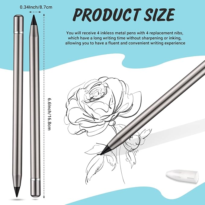 Outus Metal Inkless Pen Inkless Erasable Metallic Aluminum Pencil with Eraser for Writing Drafting Drawing Home Office School Supplies(Black)