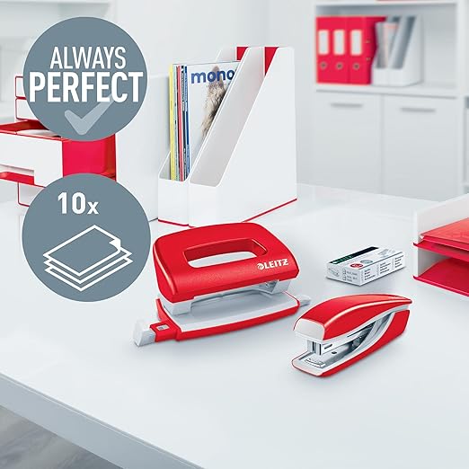 Leitz WOW Mini Desk Set Stapler and Punch, Staples or Punches up to 10 Sheets, 1000x P2 No. 10 Staples Included, Red, 55612026