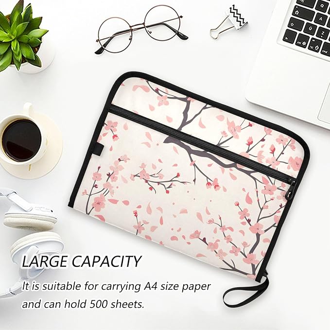 Expanding File Folder Cherry Blossom Flower Pattern Accordion File Organizer 13 Pockets Document Organizer with Zipper Labels A4 Letter Office Storage