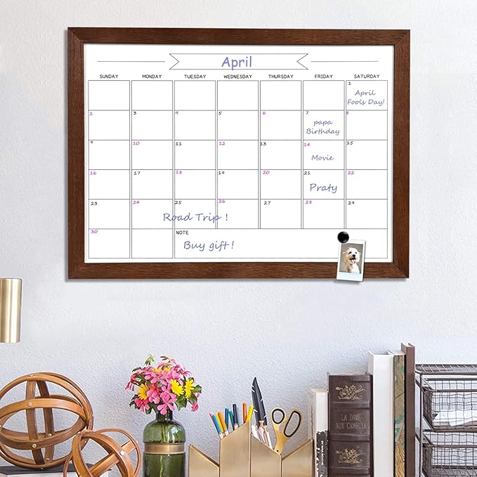 Dry Erase Monthly Calendar Whiteboard, Magnetic White Board for Wall, Office/School/Home, Solid Pine Wood Walnut Brown Frame Hanging Board 10.6"x 14.6"(YL-WB-2737-B)