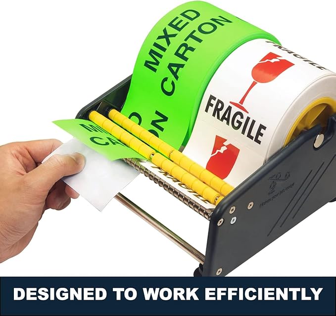 MDJ by Excell Manual Label Sticker Dispenser with 4 Suction Cups Base for Tabletop, Adjustable holder for multiple rolls for Office, Home, School, Warehouse, Easy Peel Off, Fits up to 6.5" Wide Labels