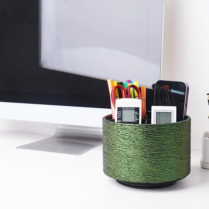 Round Leather Art Supply Organizer,Remote Control Holder,360-degree Rotating Pen Organizer with 4 Compartments(1-Light Tree Green)